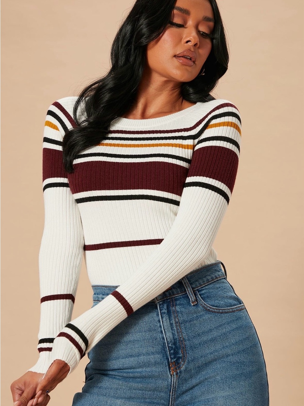 Fashion Nova White Ribbed Sweater with Maroon & Black Stripes